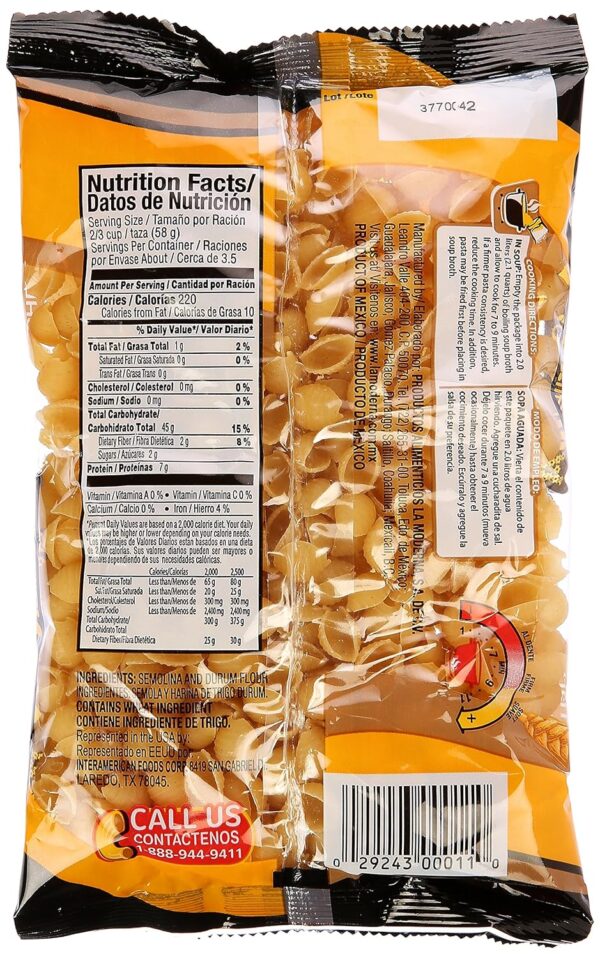 La Moderna Shells Pasta, Noodles, Durum Wheat, Protein, Fiber, Vitamins, 7 Oz - Image 2